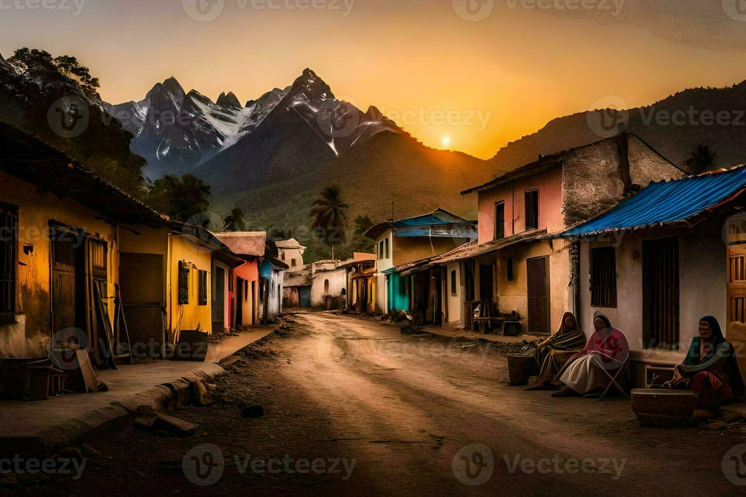 uma Vila rua às pôr do sol com montanhas dentro a fundo. gerado por IA foto