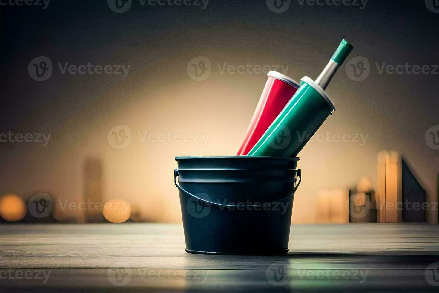 dois vermelho e verde pintura latas dentro uma balde. gerado por IA foto