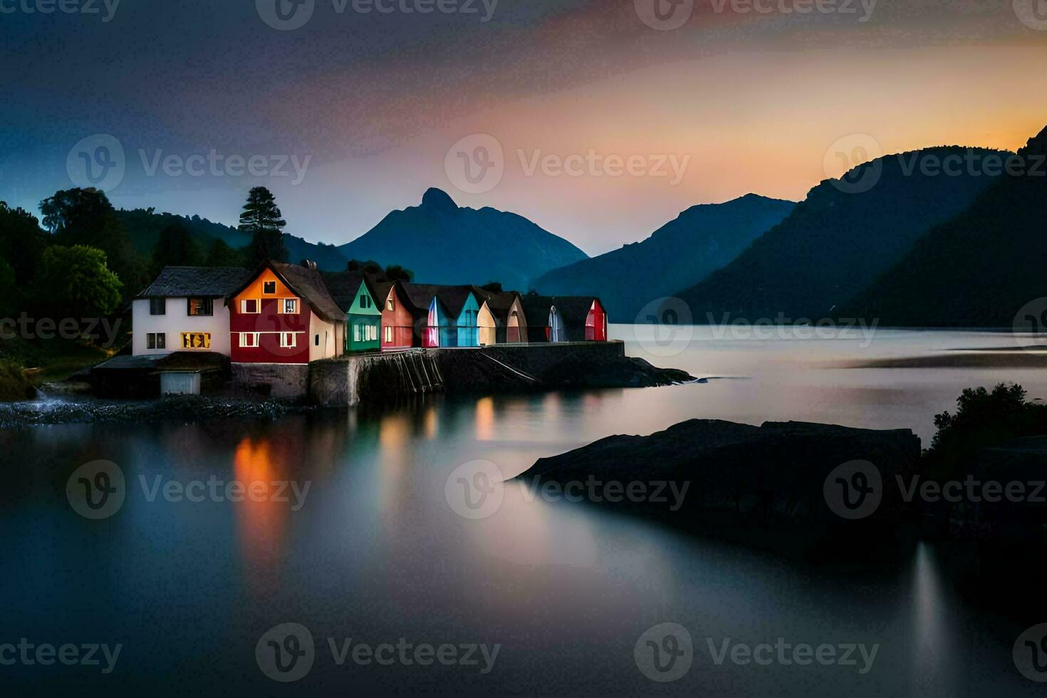 colorida casas em a costa do uma lago às pôr do sol. gerado por IA foto