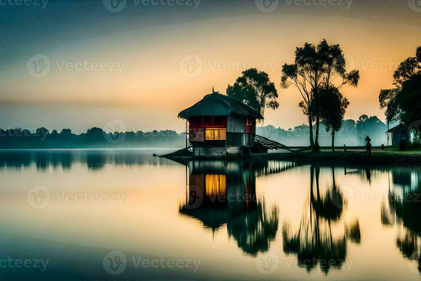 uma pequeno casa senta em a Beira do uma lago às nascer do sol. gerado por IA foto