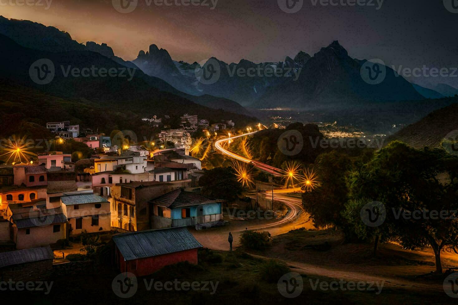 uma Cidade dentro a montanhas às noite. gerado por IA foto