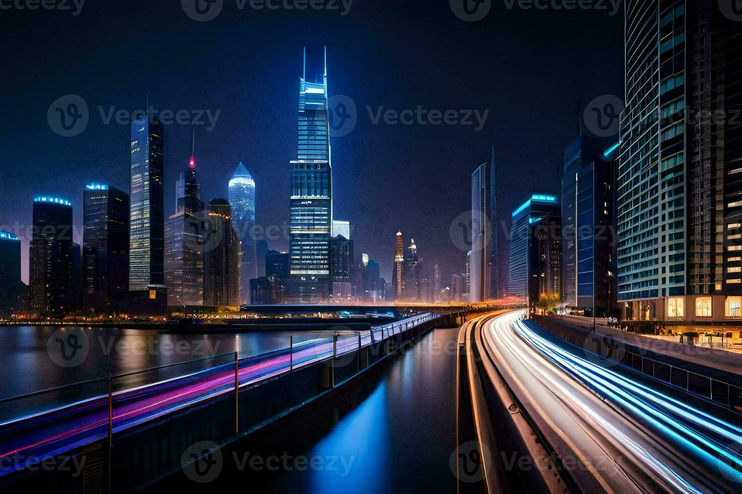 uma cidade Horizonte às noite com luzes em a edifícios. gerado por IA foto