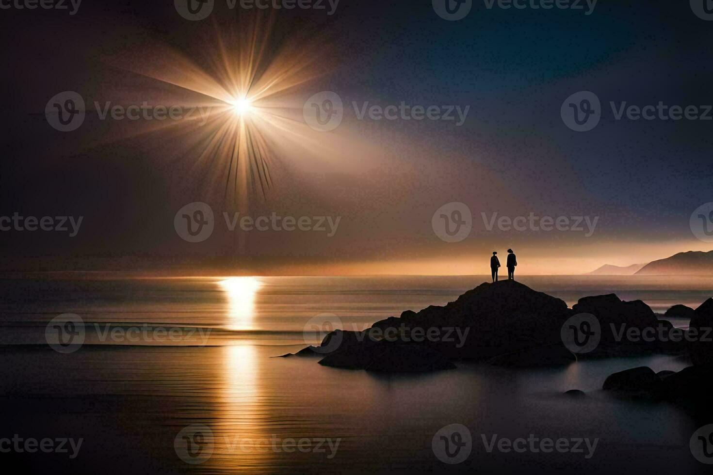 dois pessoas ficar de pé em pedras às a Beira do a oceano. gerado por IA foto