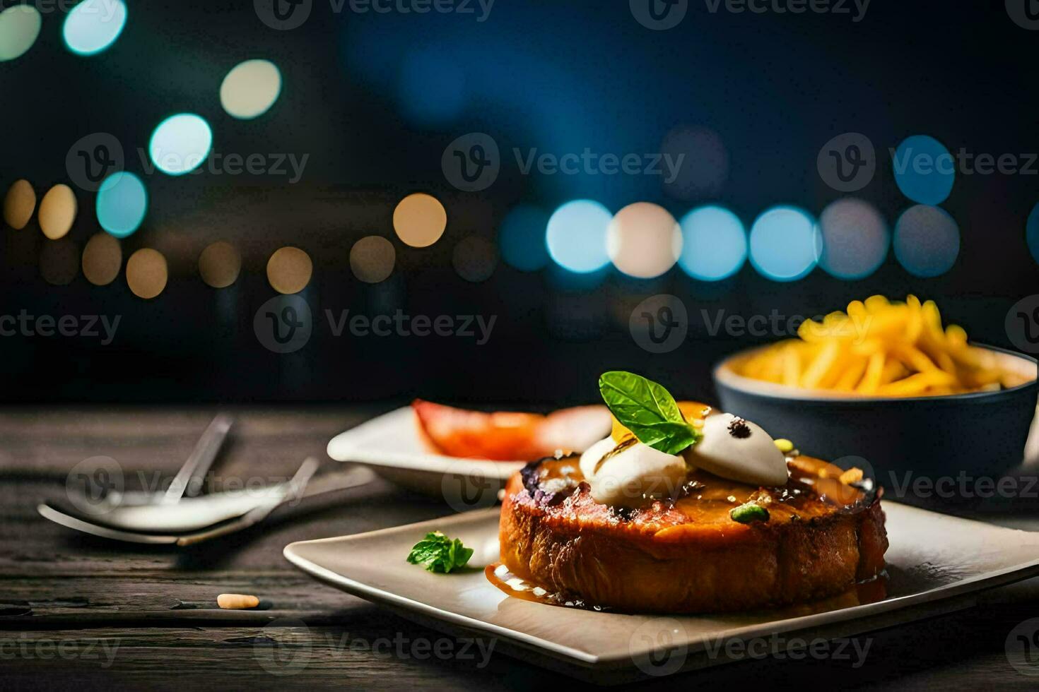 uma prato com uma sobremesa e uma tigela do Comida. gerado por IA foto