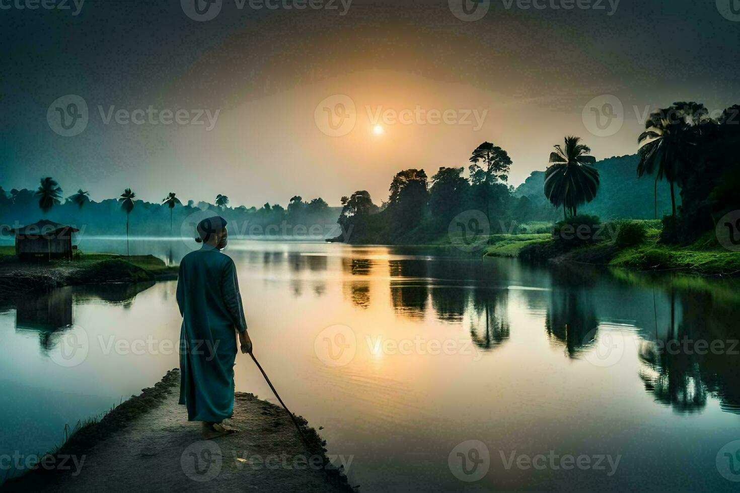 uma homem caminhando ao longo a rio às nascer do sol. gerado por IA foto