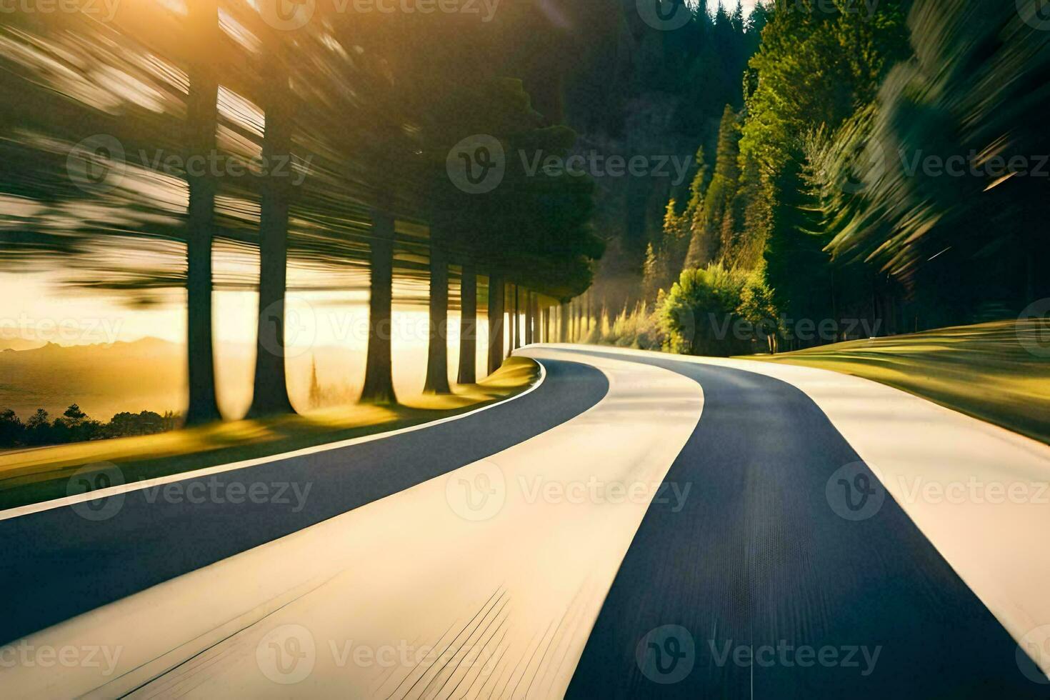 uma embaçado imagem do uma estrada dentro a madeiras. gerado por IA foto