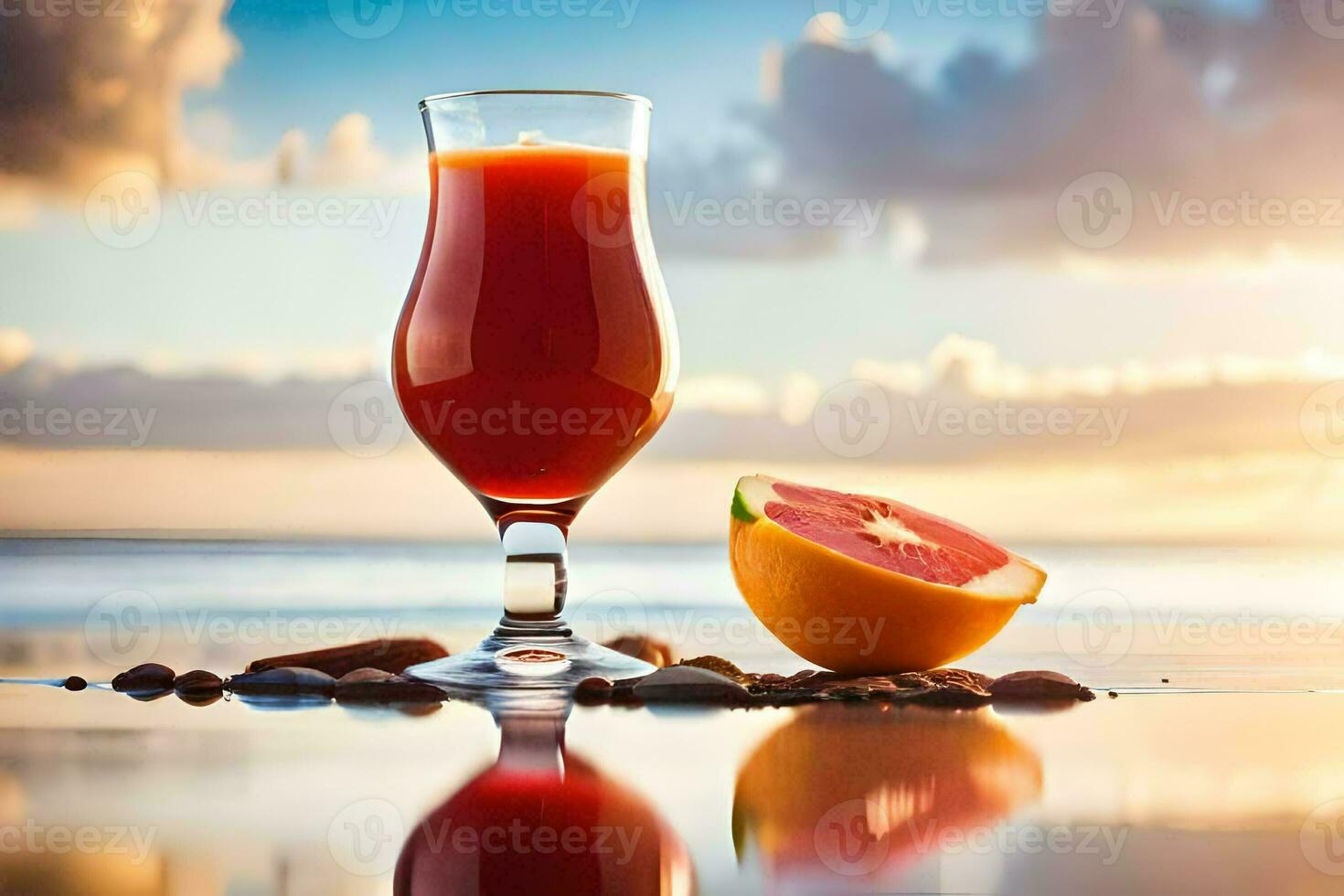 uma vidro do laranja suco com uma Toranja em a de praia. gerado por IA foto