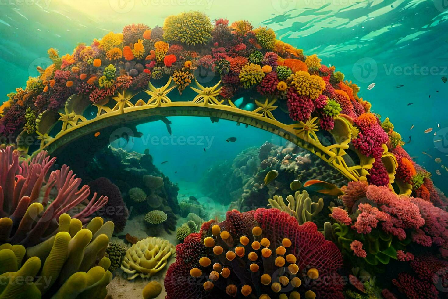 uma ponte fez do coral e de outros colorida plantas. gerado por IA foto