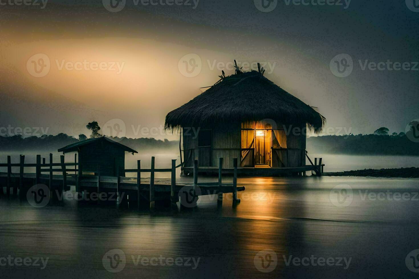 uma cabana senta em a água às noite. gerado por IA foto