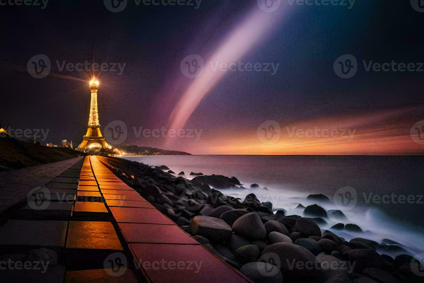 a eiffel torre às noite com uma arco-íris. gerado por IA foto