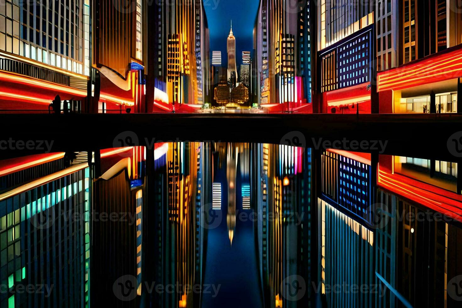 uma cidade às noite com edifícios refletido dentro uma poça. gerado por IA foto