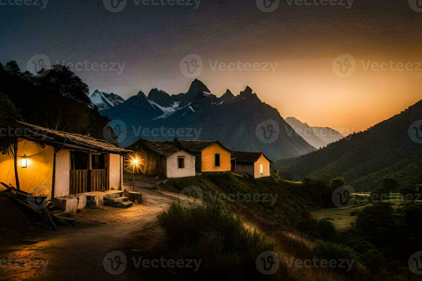 foto papel de parede a céu, montanhas, a noite, a montanhas, a Vila, a casa,. gerado por IA