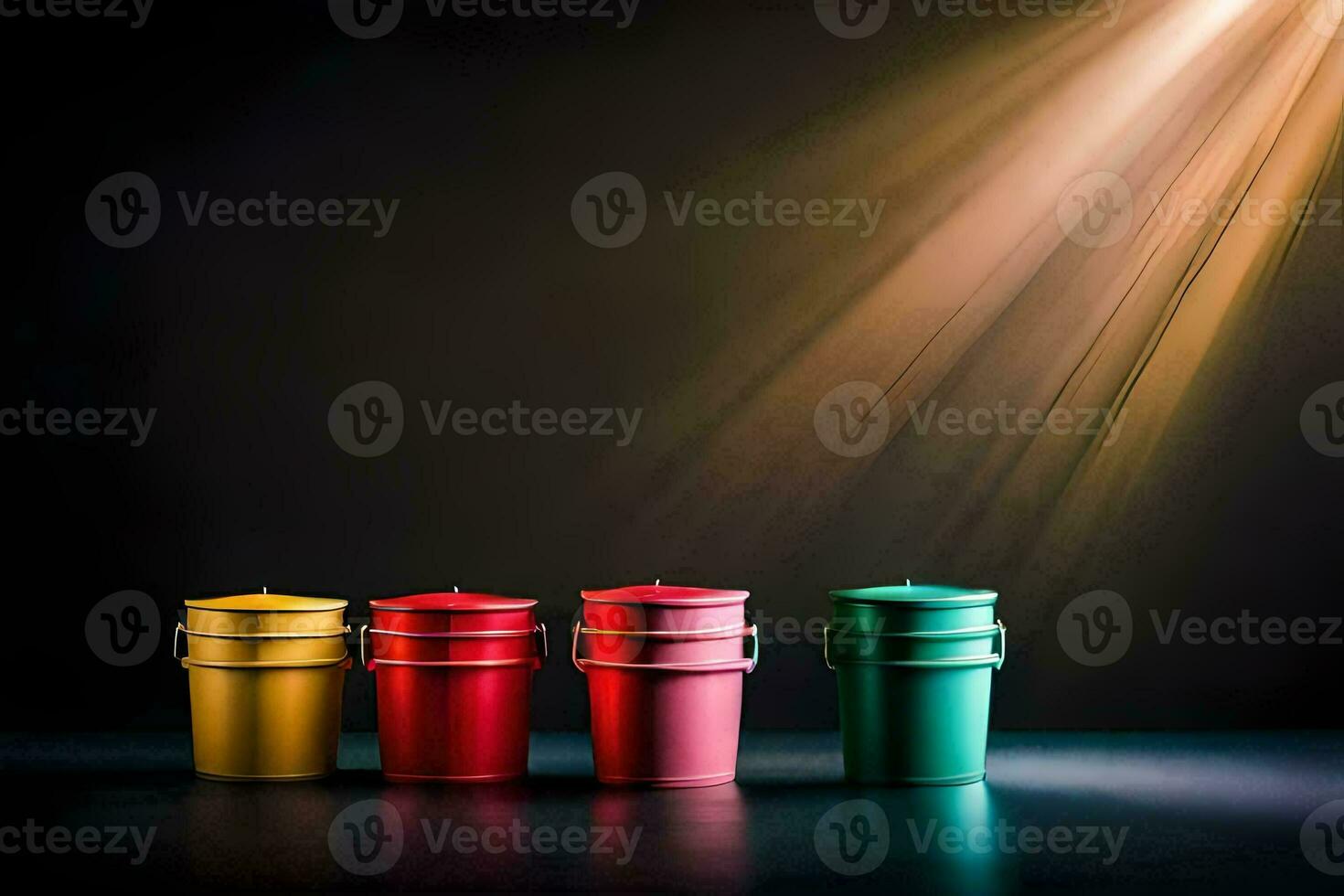 três colorida baldes em uma Sombrio fundo. gerado por IA foto