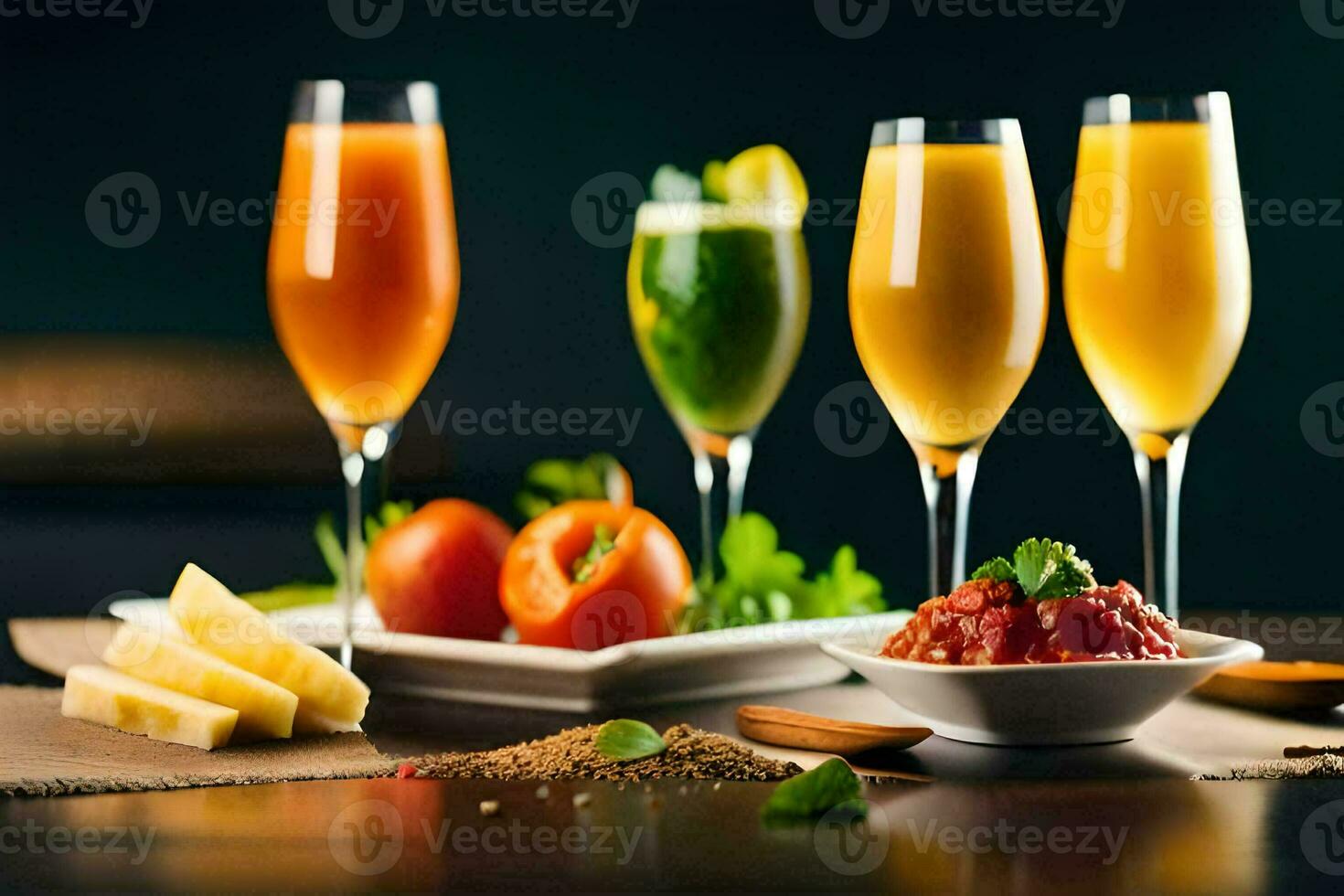 uma mesa com óculos do suco, queijo e legumes. gerado por IA foto