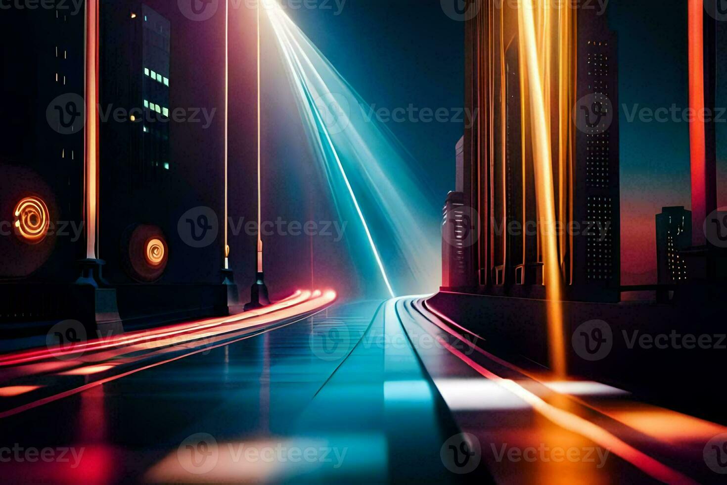 uma cidade rua às noite com luzes e carros. gerado por IA foto