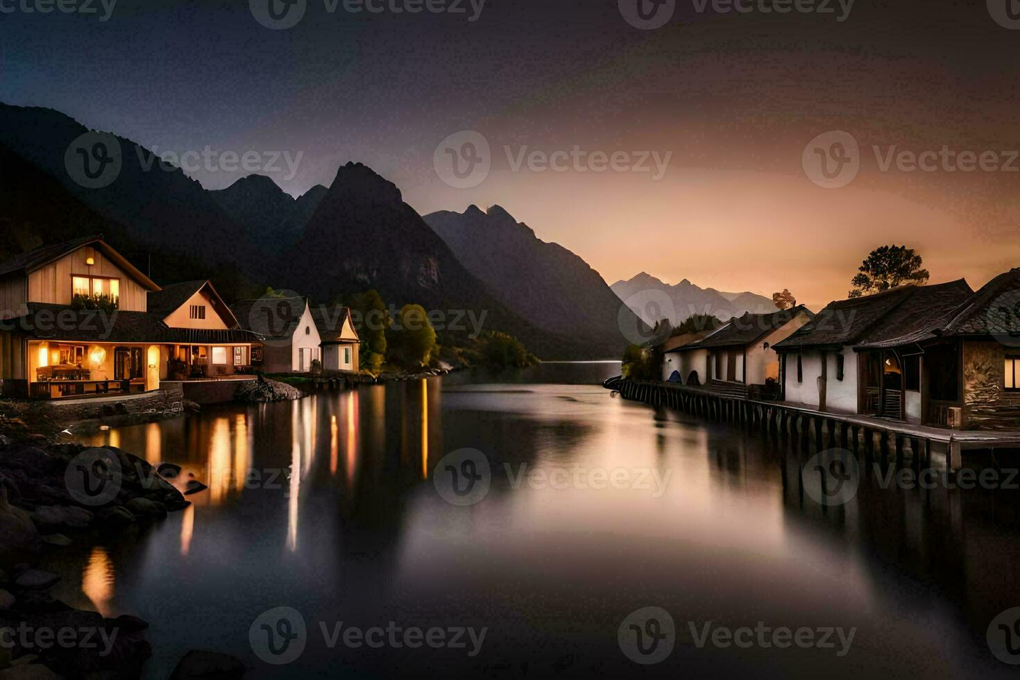 foto papel de parede a céu, montanhas, água, casas, lago, a montanhas, a lago,. gerado por IA