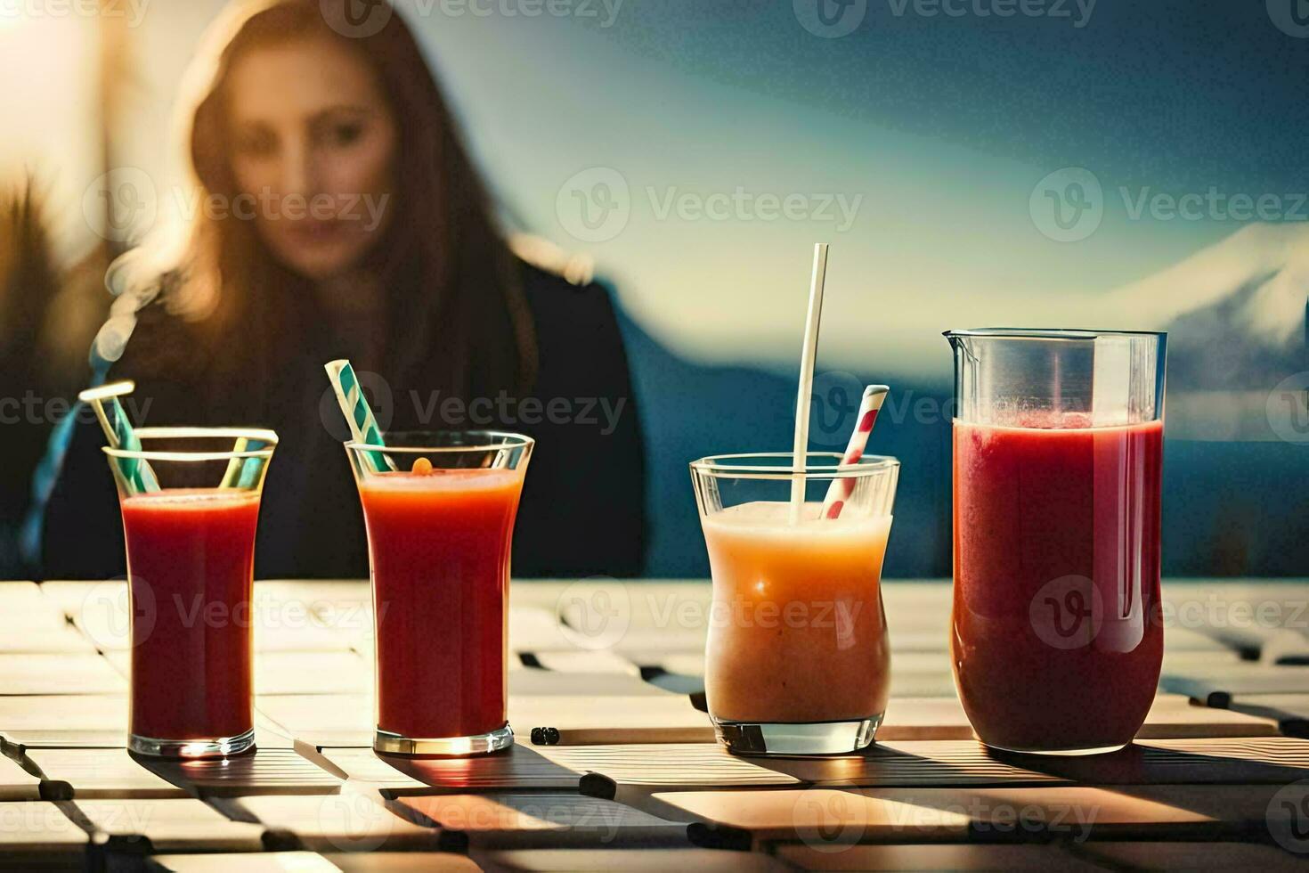 uma mulher sentado às uma mesa com três óculos do suco. gerado por IA foto