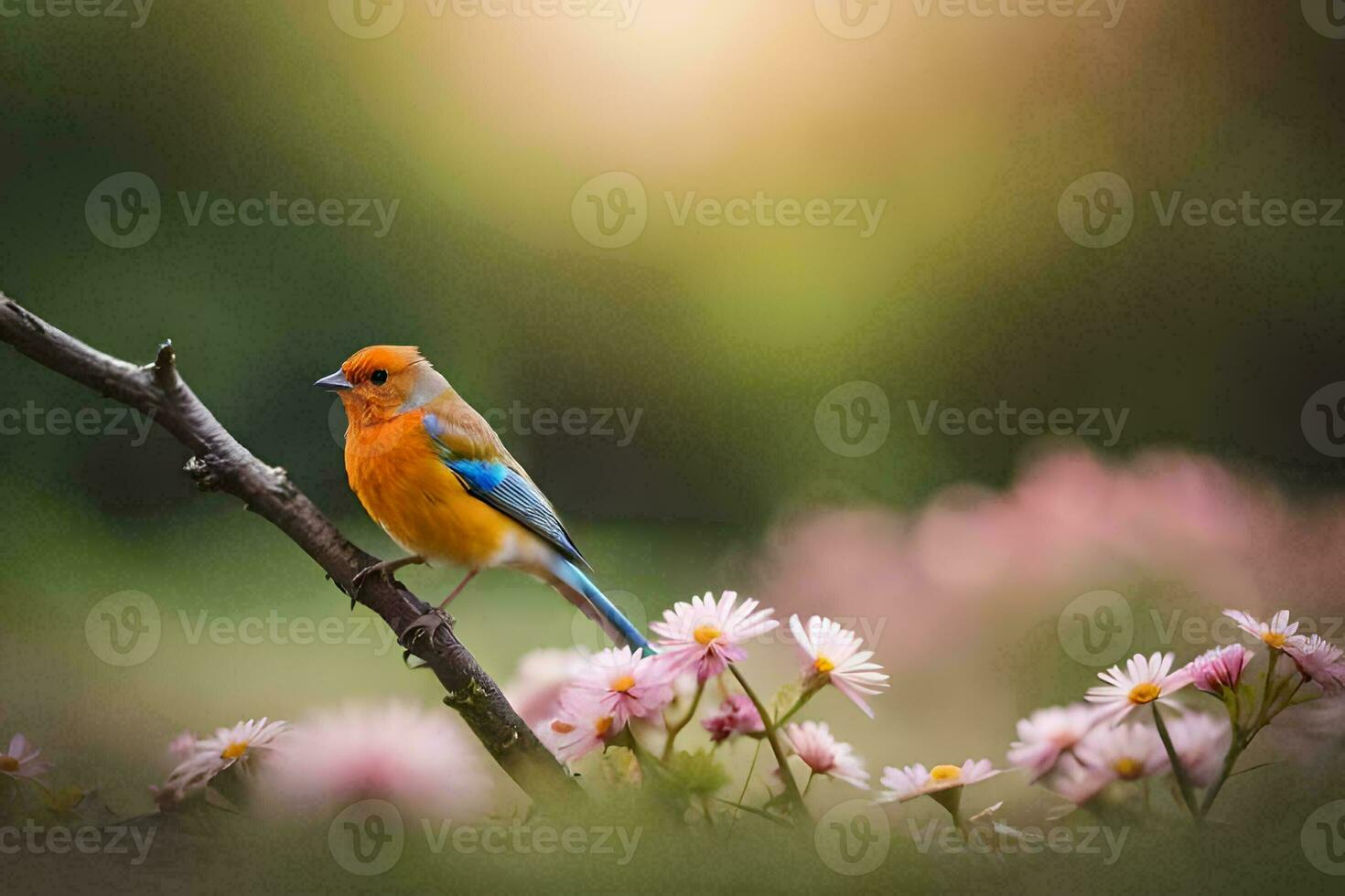 foto papel de parede a sol, flores, pássaro, primavera, a pássaro, primavera, a pássaro,. gerado por IA