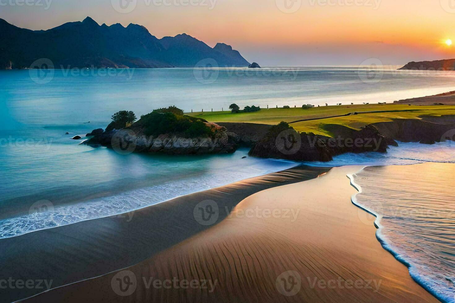 a Sol conjuntos sobre a oceano e montanhas. gerado por IA foto