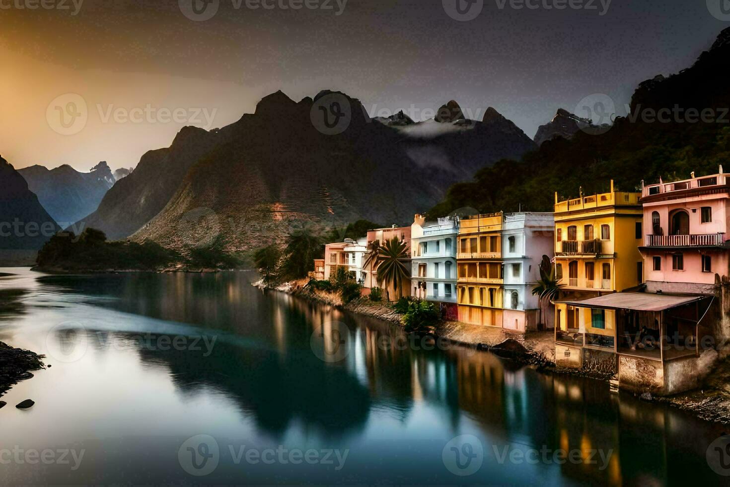 uma rio dentro a montanhas com colorida edifícios. gerado por IA foto