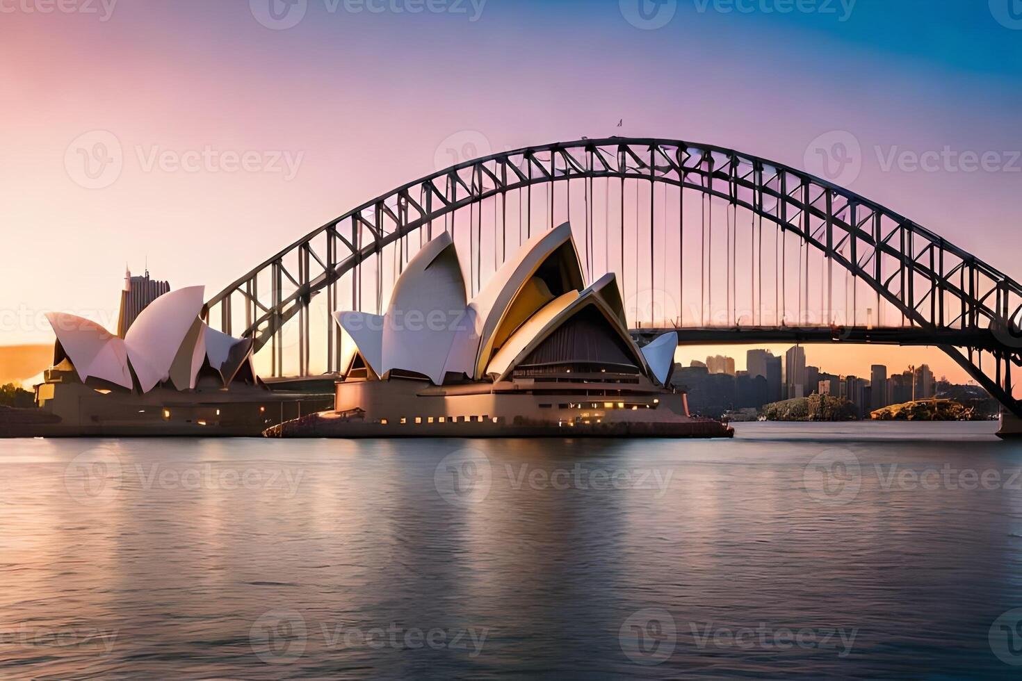 Sydney ópera casa e ponte às pôr do sol. gerado por IA foto