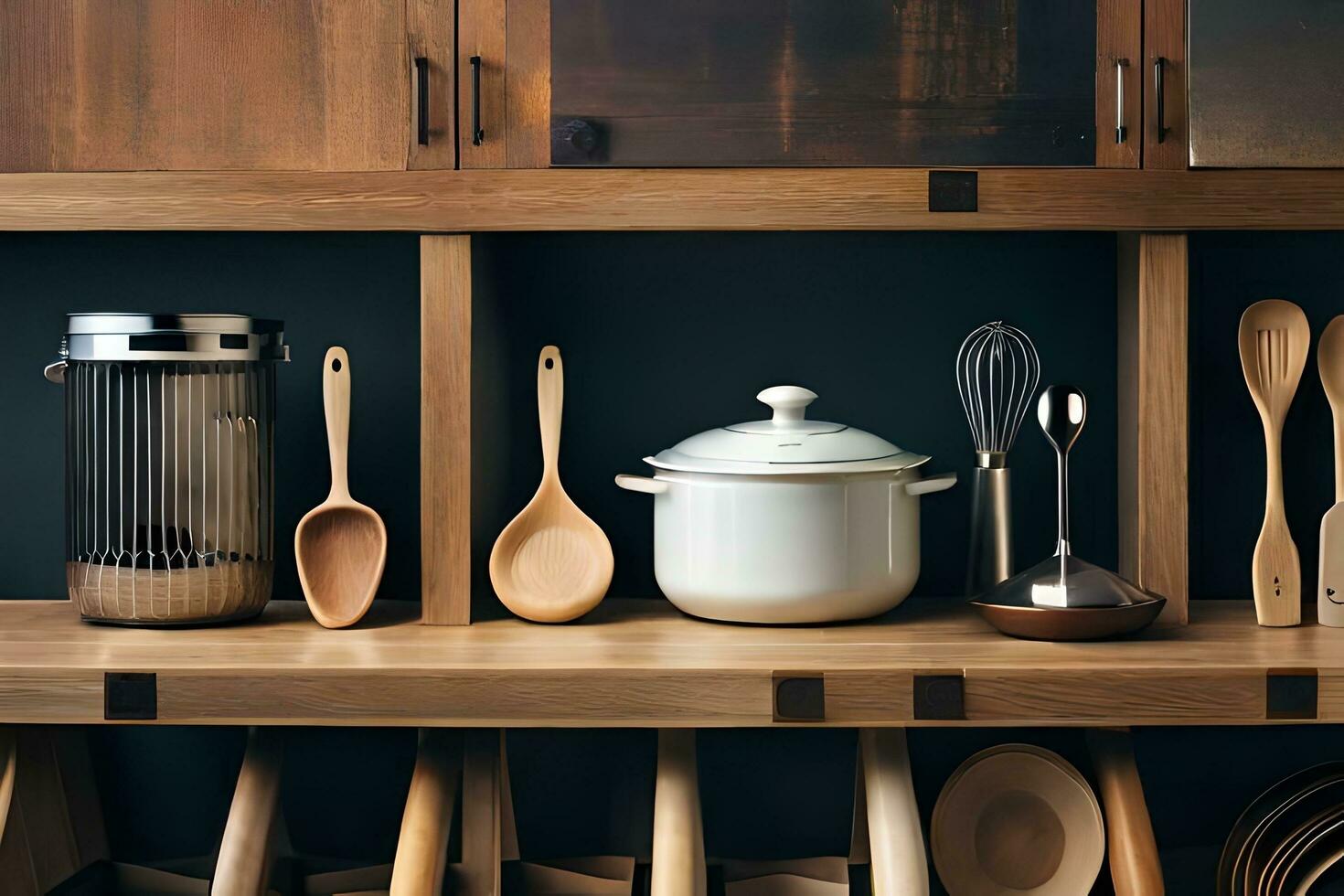 uma cozinha com de madeira utensílios e panelas em prateleiras. gerado por IA foto