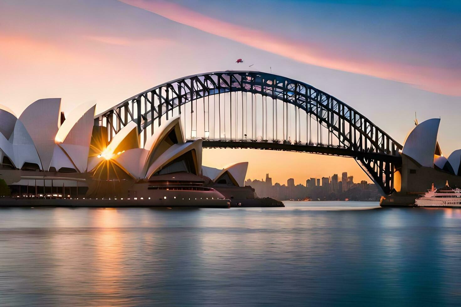 a Sydney ópera casa e ponte às pôr do sol. gerado por IA foto