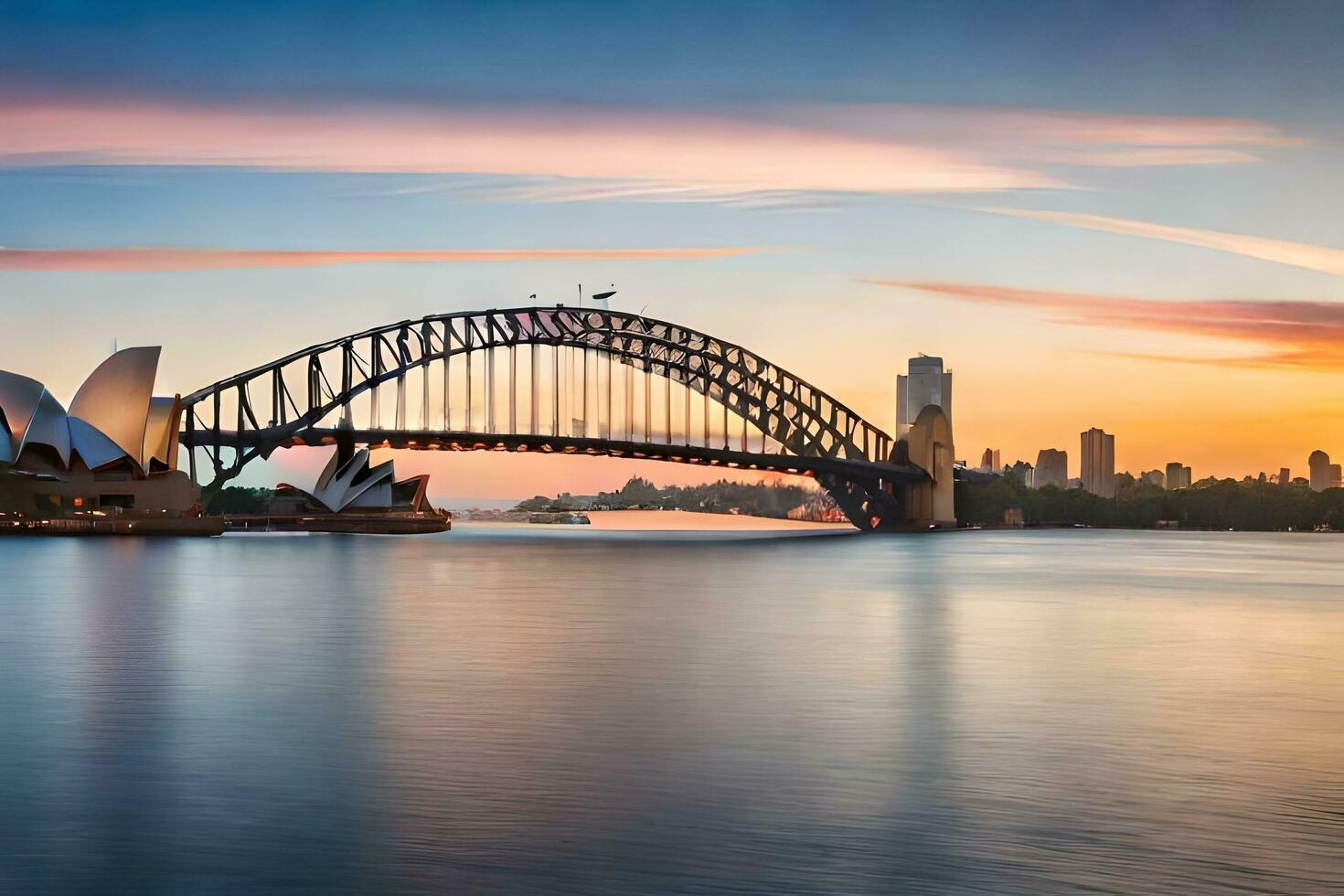 a Sydney ópera casa e a Sydney Porto ponte às pôr do sol. gerado por IA foto
