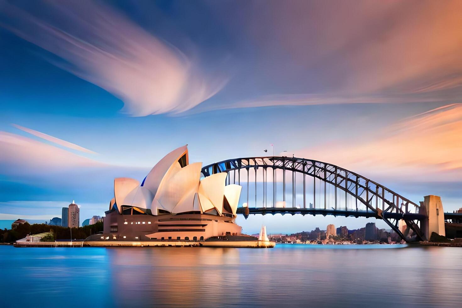 a Sydney ópera casa e a ponte às pôr do sol. gerado por IA foto