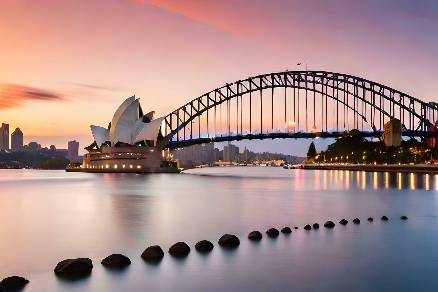 a Sydney ópera casa e a ponte às pôr do sol. gerado por IA foto