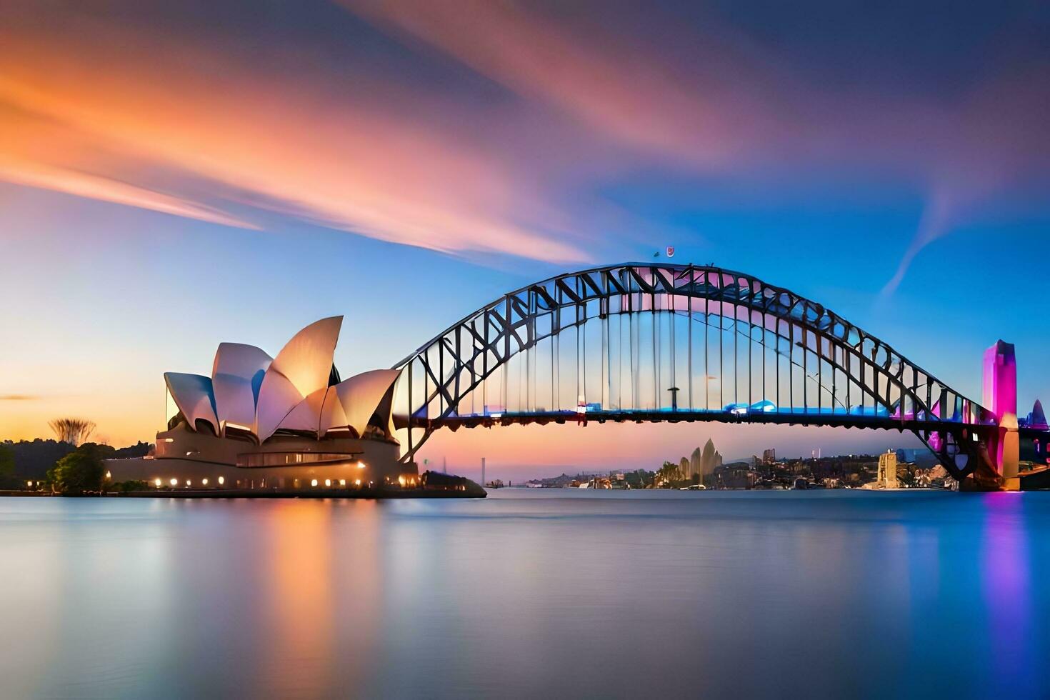 a Sydney ópera casa e ponte às pôr do sol. gerado por IA foto