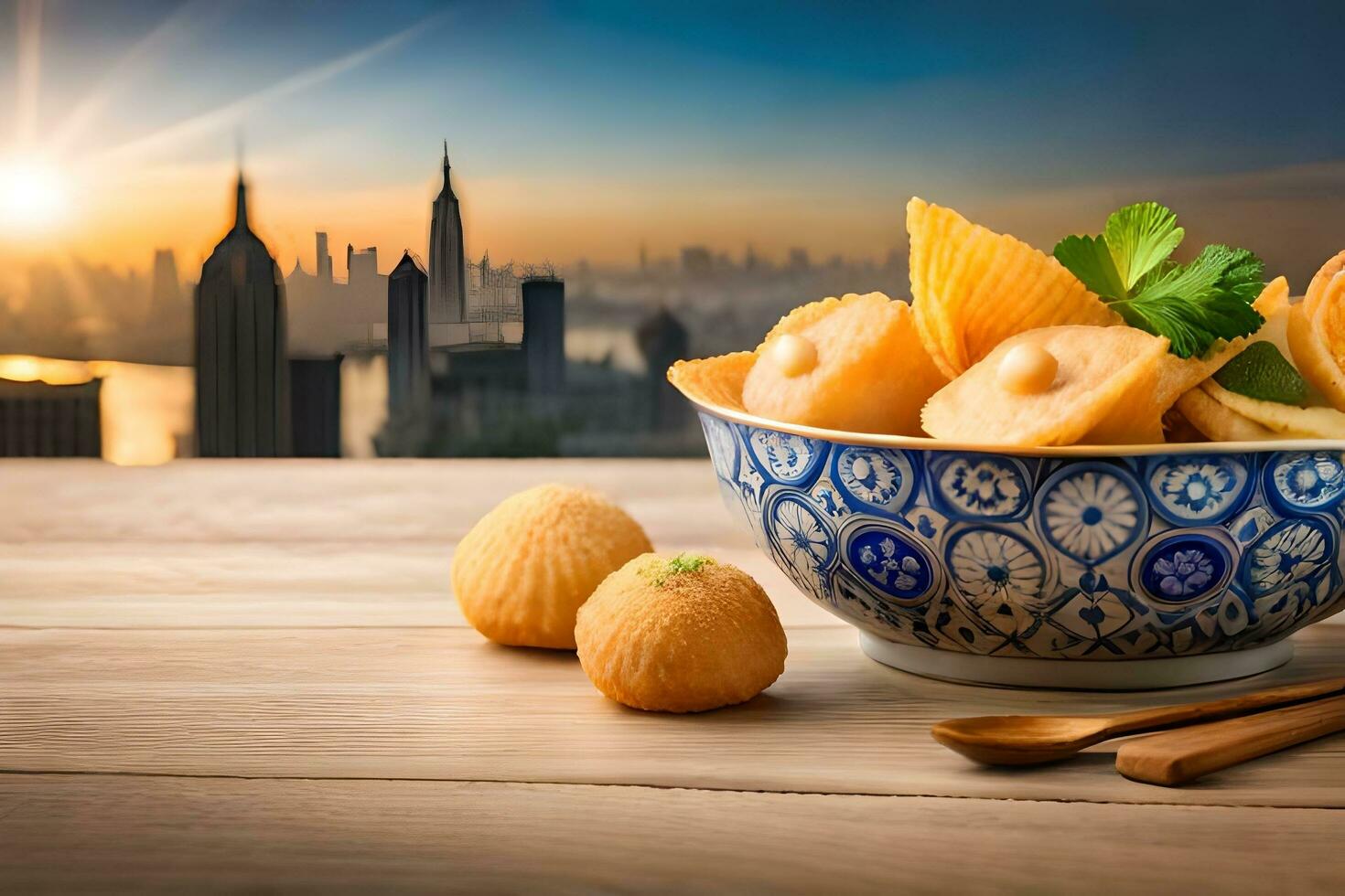 chinês dumplings dentro uma tigela com uma Visão do a cidade Horizonte. gerado por IA foto