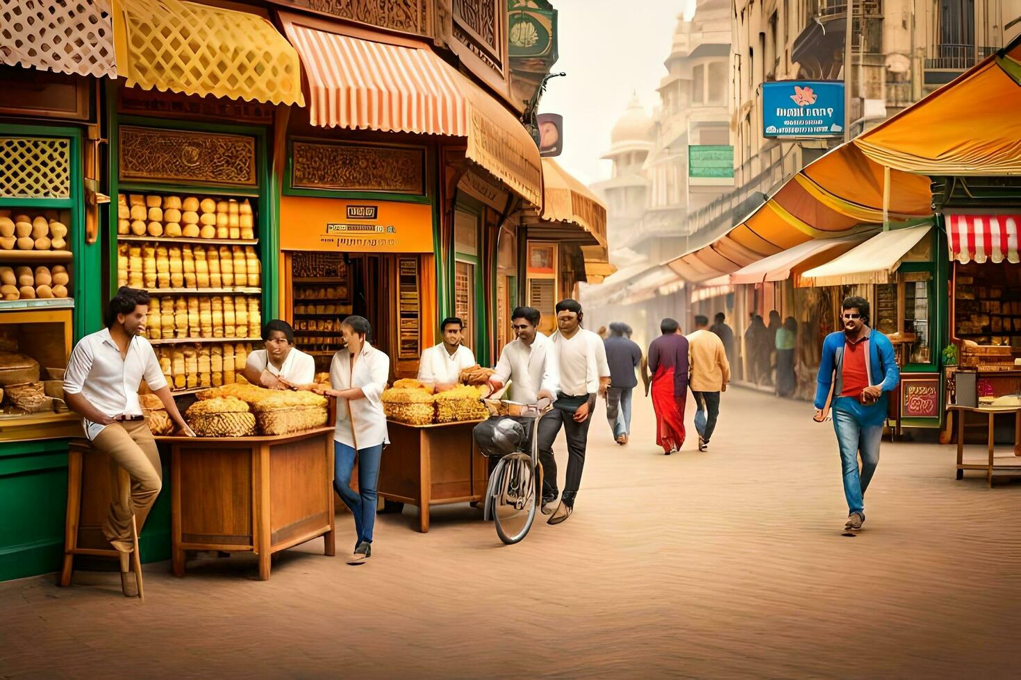 pessoas caminhando baixa a rua dentro a aberto ar mercado. gerado por IA foto