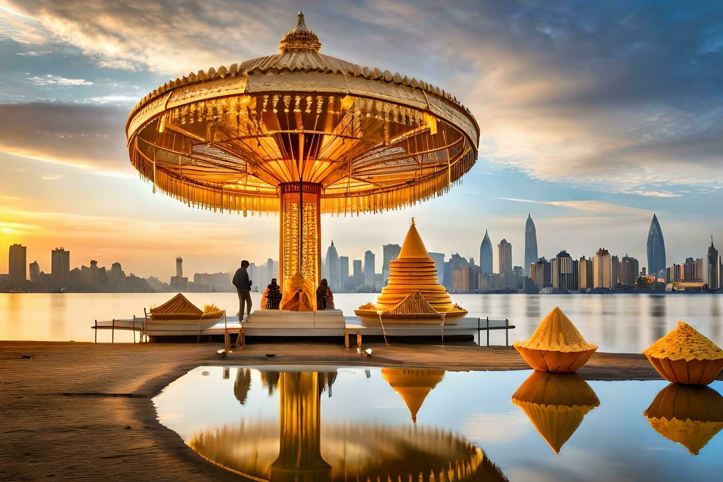 uma dourado gazebo sentado em a água com uma cidade Horizonte dentro a fundo. gerado por IA foto