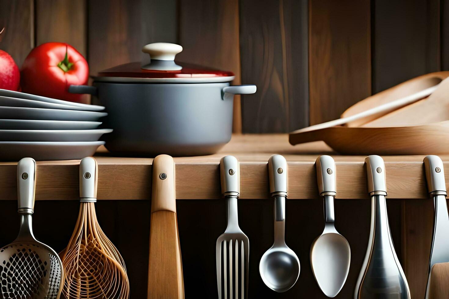 cozinha utensílios em uma prateleira. gerado por IA foto