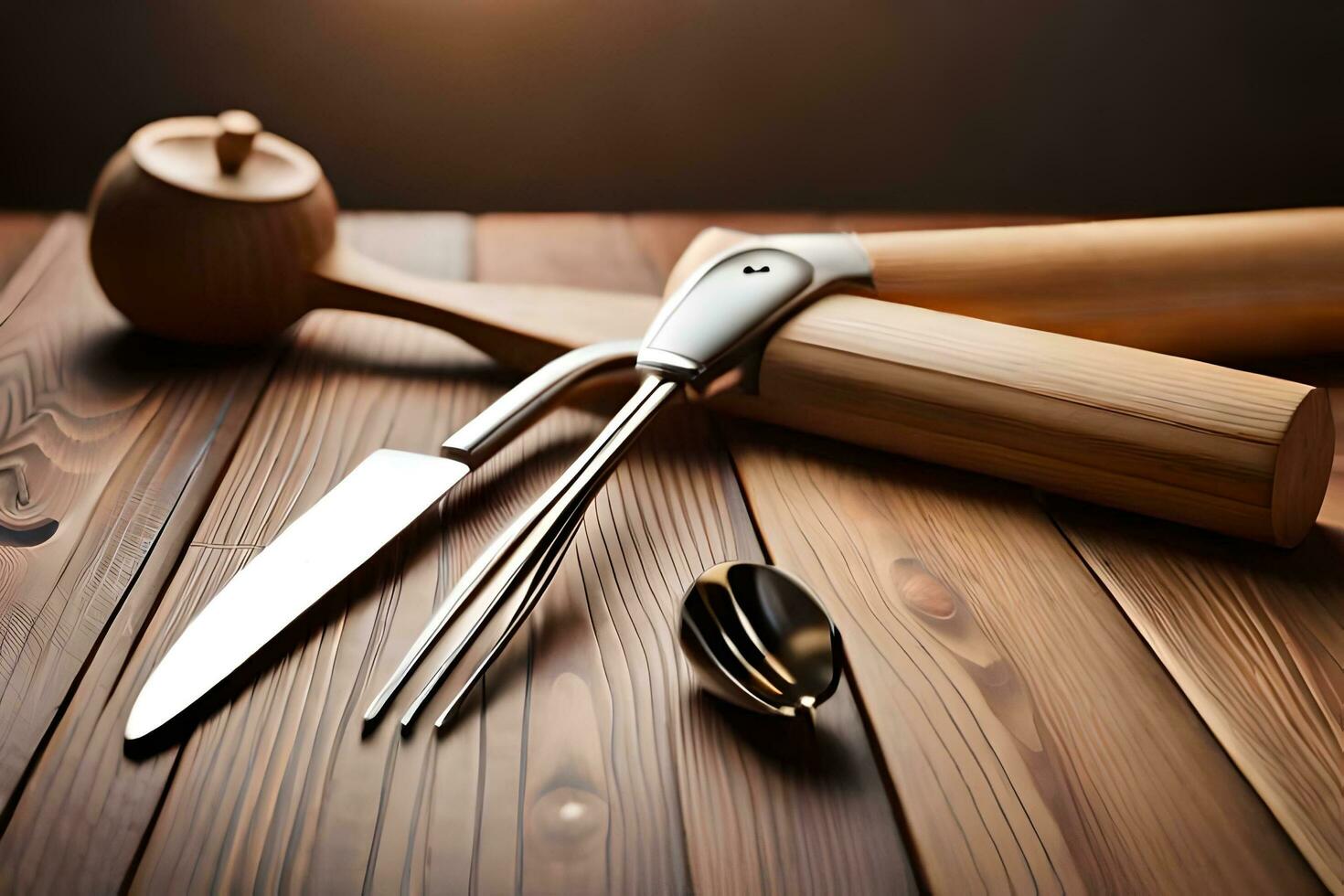 uma faca e garfo sentado em uma de madeira mesa. gerado por IA foto