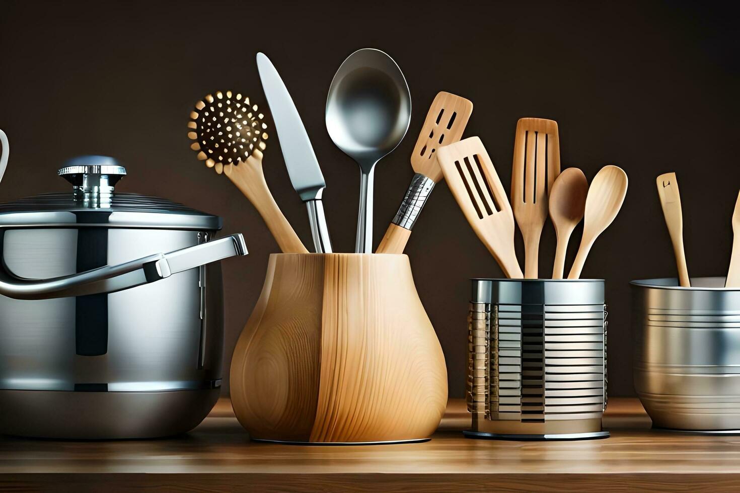 uma coleção do cozinha utensílios e colheres. gerado por IA foto