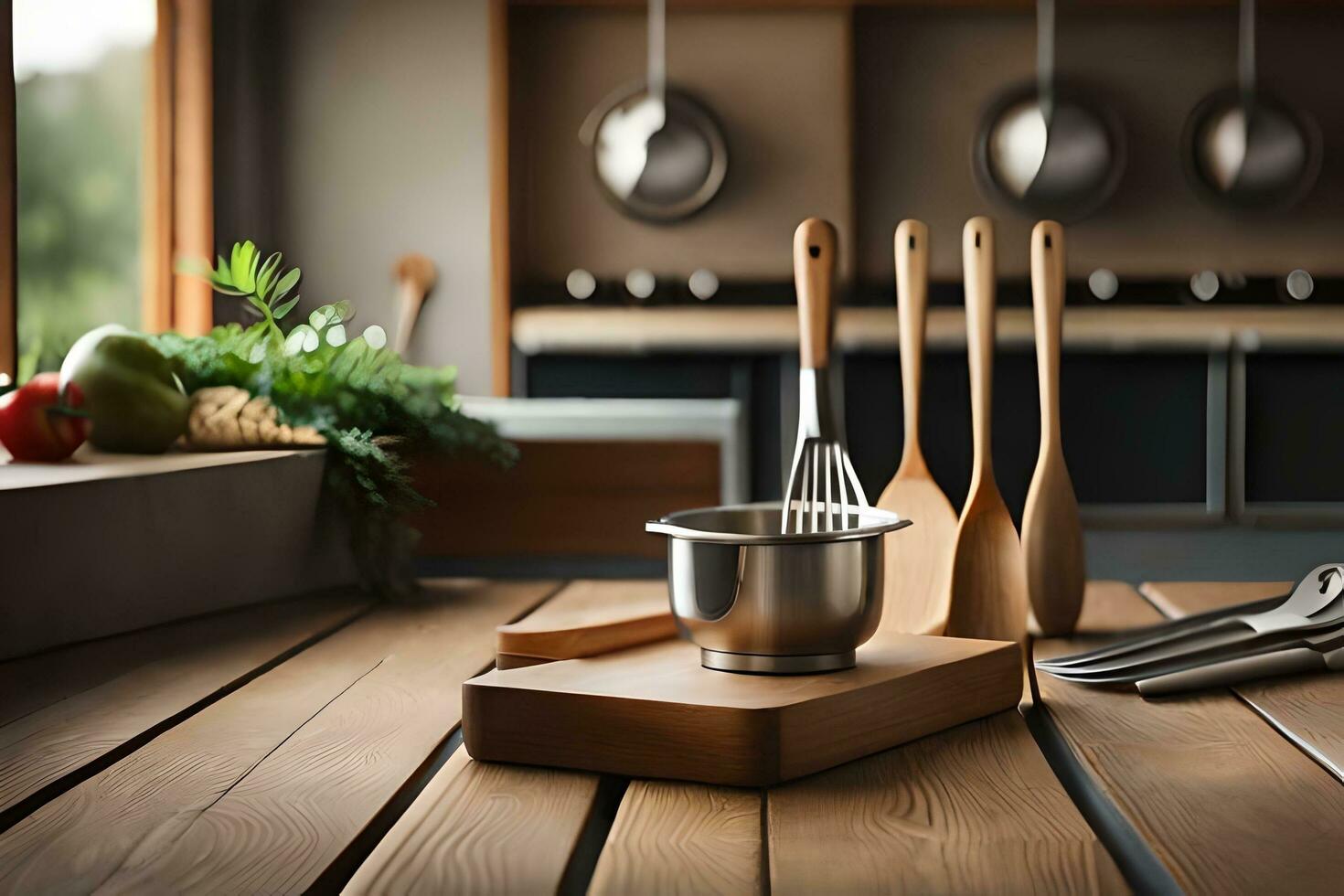 cozinha utensílios em de madeira mesa. gerado por IA foto
