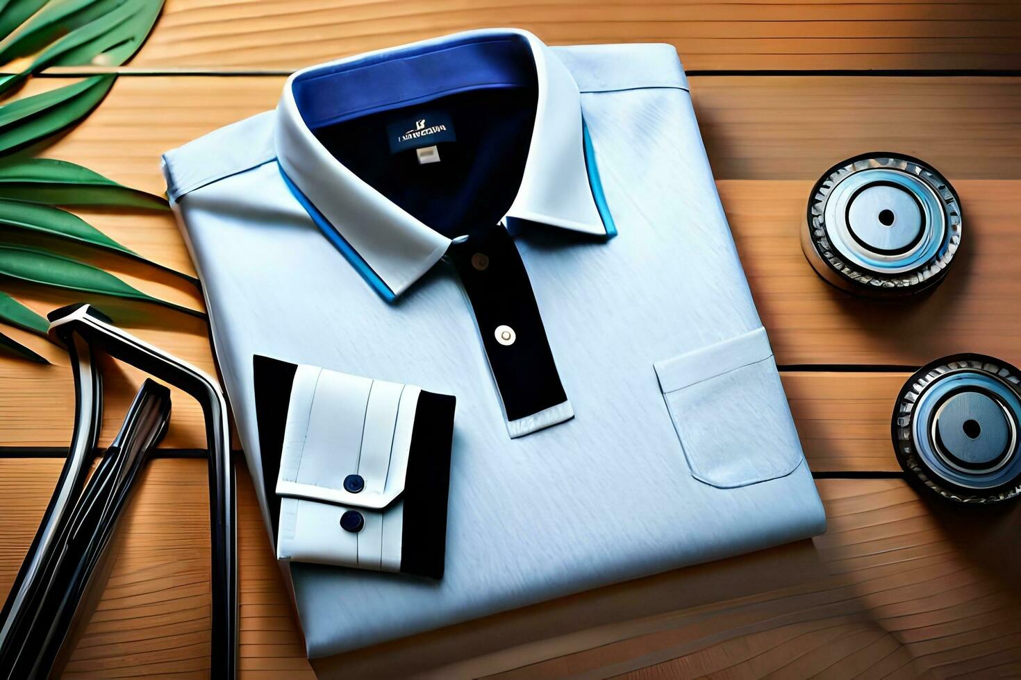 uma branco camisa e Preto e azul listrado camisa em uma de madeira mesa. gerado por IA foto