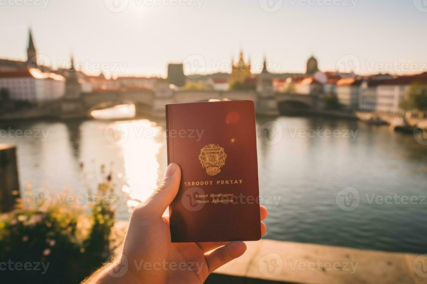 mão segurando Passaporte contra nômade viagem conceito. generativo ai foto