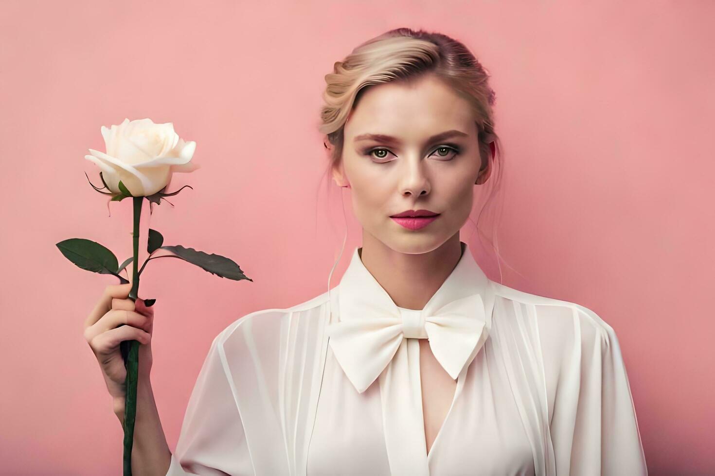 uma mulher dentro uma branco camisa segurando uma rosa. gerado por IA foto