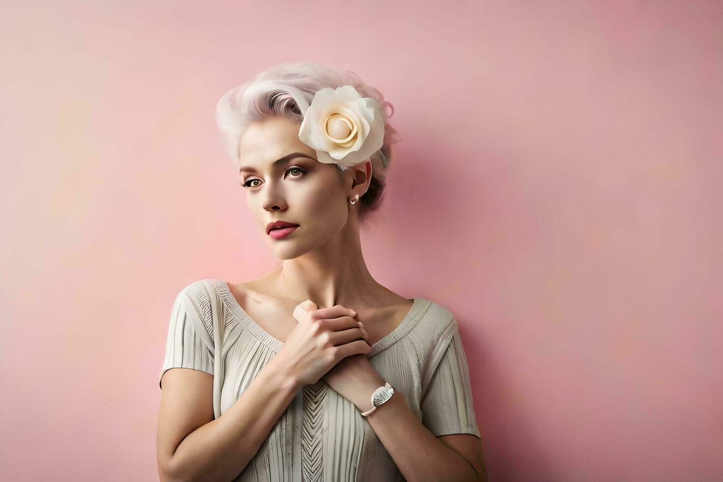 uma mulher com uma flor dentro dela cabelo. gerado por IA foto