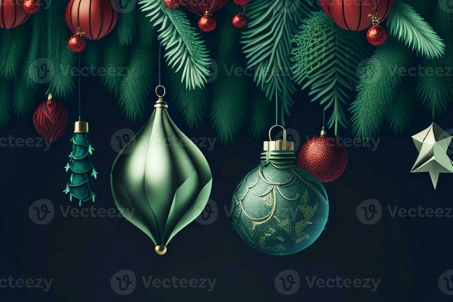 Natal árvore galhos com enfeites em Sombrio fundo. 3d ilustração. foto