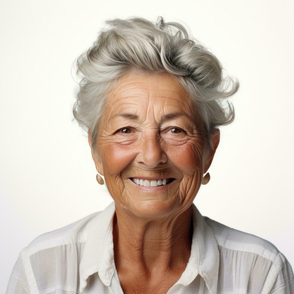 a Mais velho mulher vestindo uma branco camisa. foto