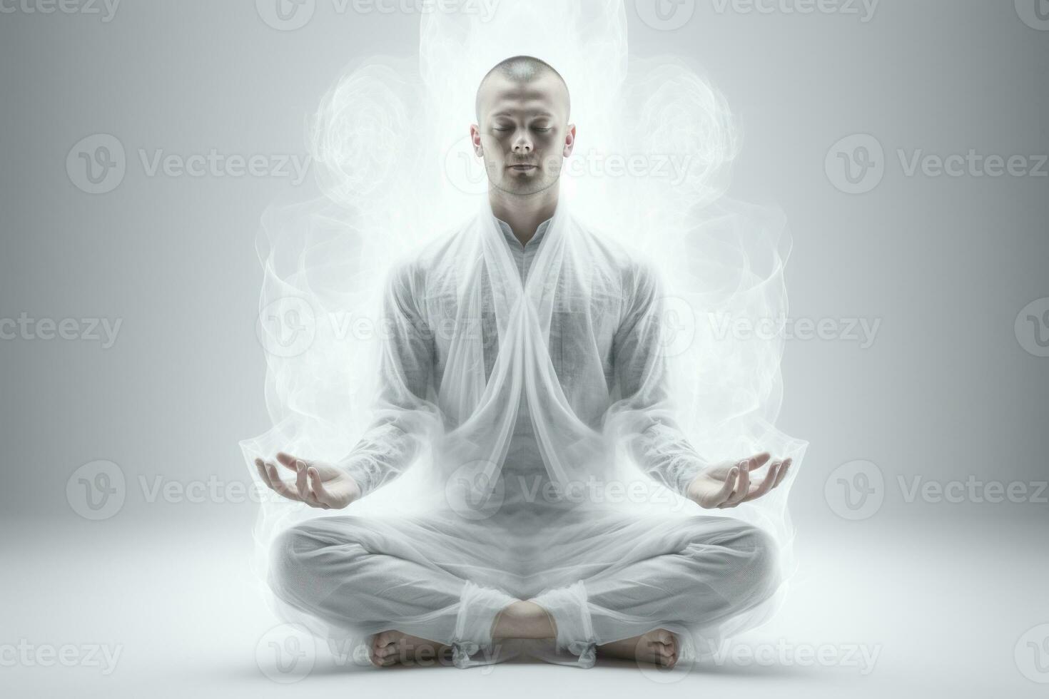 uma homem dentro branco roupas medita dentro a vazio, brilhante sala. criada de artificial inteligência foto
