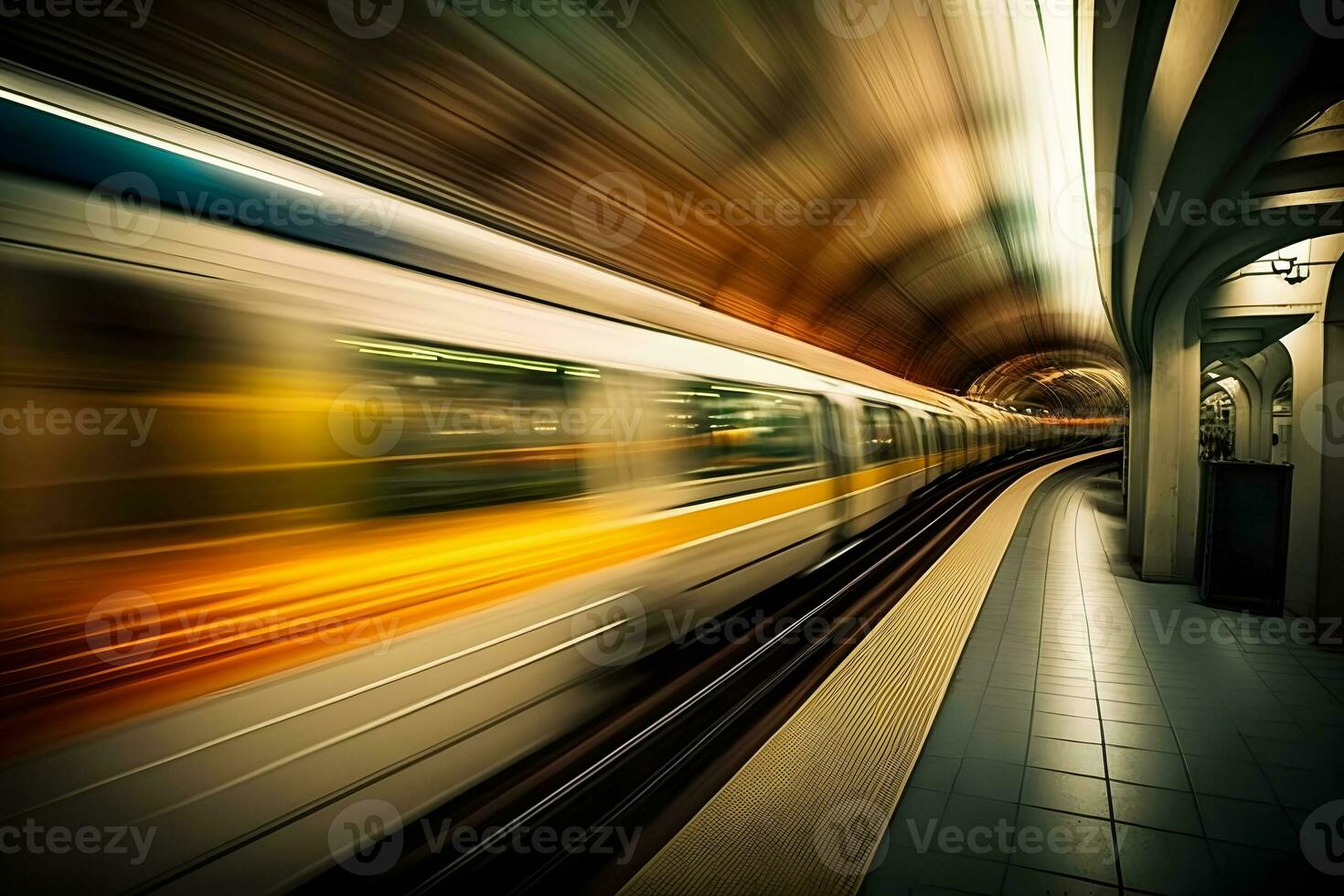 subterrâneo trem para a túnel em a metrô plataforma, movimento borrão. neural rede ai gerado foto