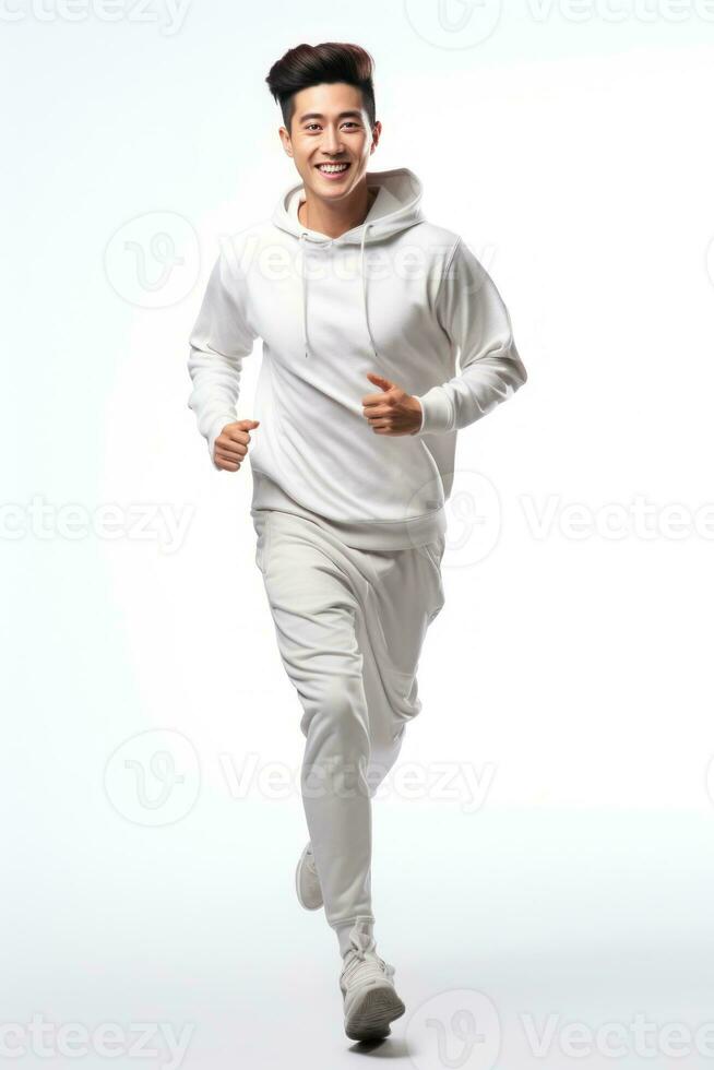 Ásia masculino corrida feliz e enérgico geração dentro branco fundo. generativo ai foto