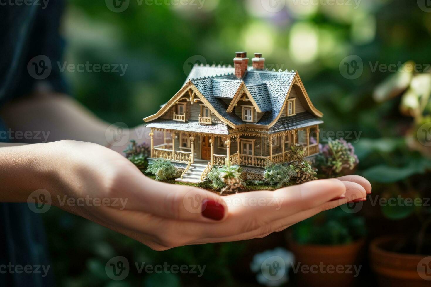 uma mulher segurando uma pequeno modelo casa dentro dela mãos. real Estado e seguro conceito. generativo ai foto