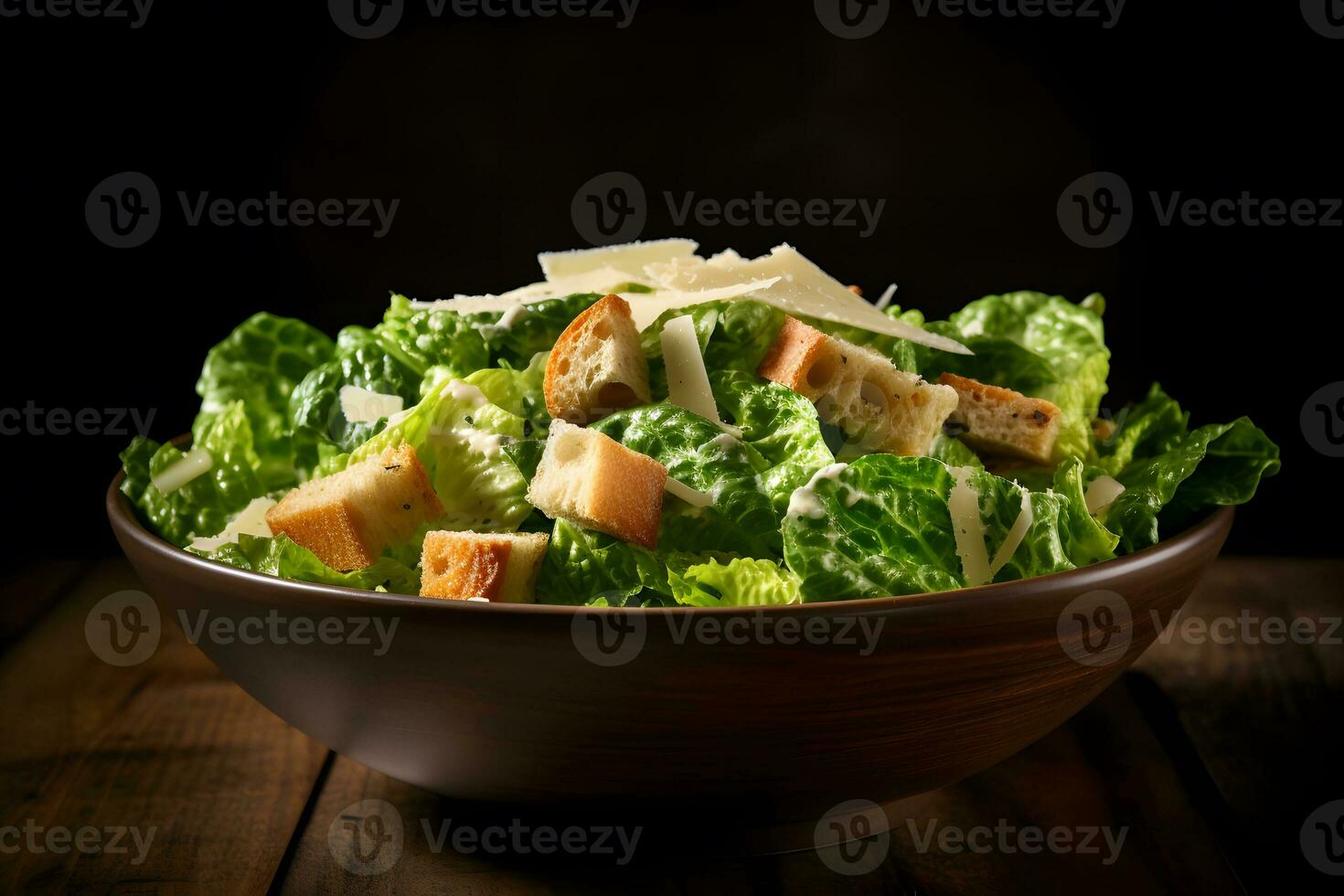 César salada com grelhado frango, croutons, Codorna ovos e cereja tomates em de madeira rústico mesa. neural rede ai gerado foto