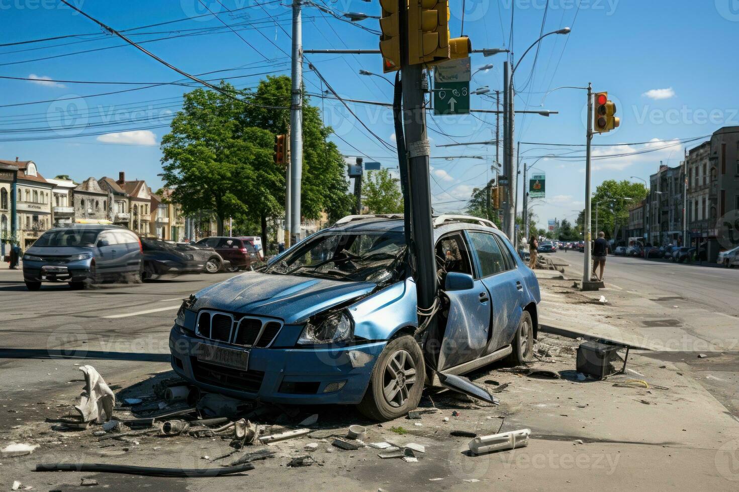 carro batida acidente em a estrada bandeira. generativo ai foto